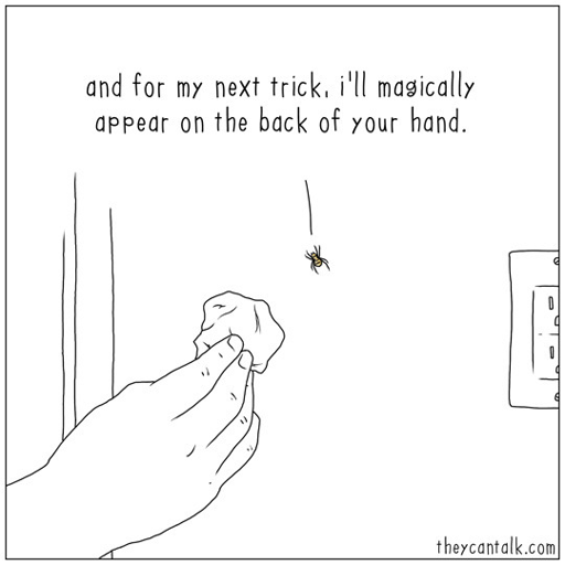 Single-panel comic showing a hand holding a tissue near a wall; a small spider sits on the wall and speaks the caption above: "and for my next trick, i'll magically appear on the back of your hand." The hand is poised to remove the spider.